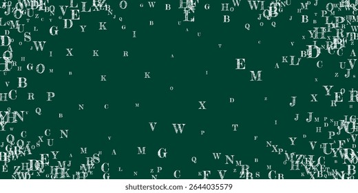 Scattered letters of latin alphabet. White chalk  floating characters of English language. Foreign languages study concept. Back to school banner on blackboard background.