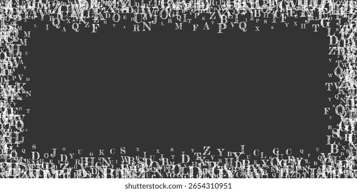 Letras dispersas do alfabeto latino. Caracteres flutuantes de giz branco da língua inglesa. Conceito de estudo de línguas estrangeiras. De volta ao banner da escola no fundo do quadro negro.