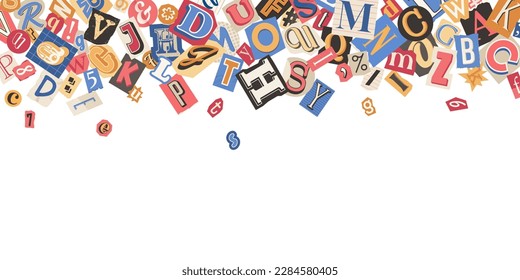 Scattered letters on white background. Cutout letters of magazine, newspaper and journal. Alphabet elements, mockup for english school poster or education illustrations.