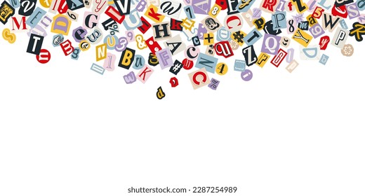 Scattered letters on white background. Cutout letters of magazine, newspaper and journal. Alphabet elements, mockup for english school poster or education illustrations.