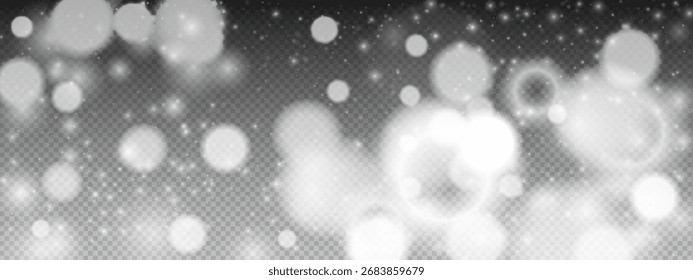 Scattered light orbs form bokeh texture backdrop. White glowing circles against dark surface. Vector effect design for holiday template overlays.  Realistic illustration.