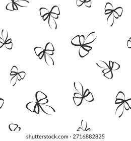 Scattered minimalist Bows seamless pattern. Black line art rope ribbon bow. Monochrome Outline sketch present packaging element background. Elegant minimal gift decoration