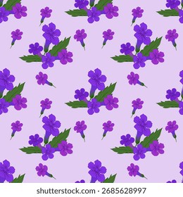  Um padrão disperso e não repetitivo de aglomerados de flores roxas e magentas desenhadas à mão com folhas verdes sobre um fundo de lavanda pastel.