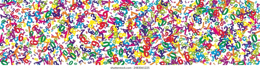 Scattered numbers. Colorful childish digits flying chaotic. Back to school mathematics banner on white background. Falling numbers vector illustration.