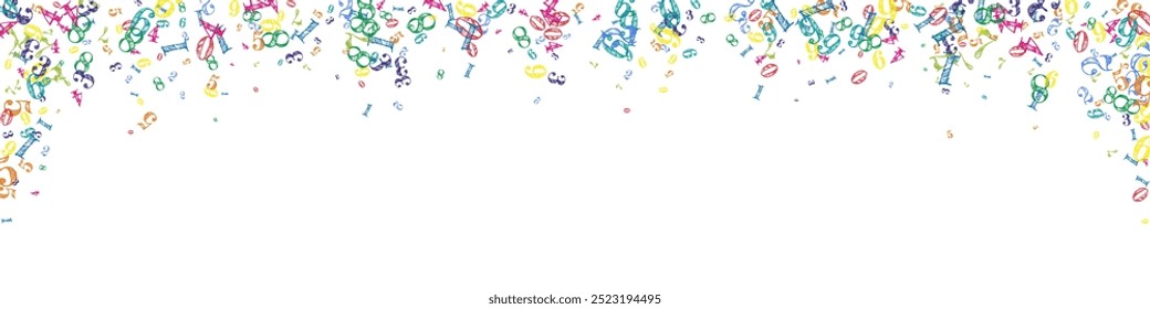Scattered numbers. Colorful childish digits flying chaotic. Back to school mathematics banner on white background. Falling numbers vector illustration.