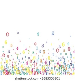 Números dispersos. Dígitos infantis coloridos voando caóticos. De volta à escola de matemática banner no fundo branco. Ilustração do vetor de números decrescentes.
