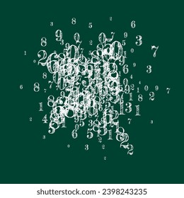Números dispersos. Dígitos de tiza blanca volando caóticos. Cartel de regreso a la escuela de matemáticas en la pizarra. Ilustración vectorial de números en disminución.