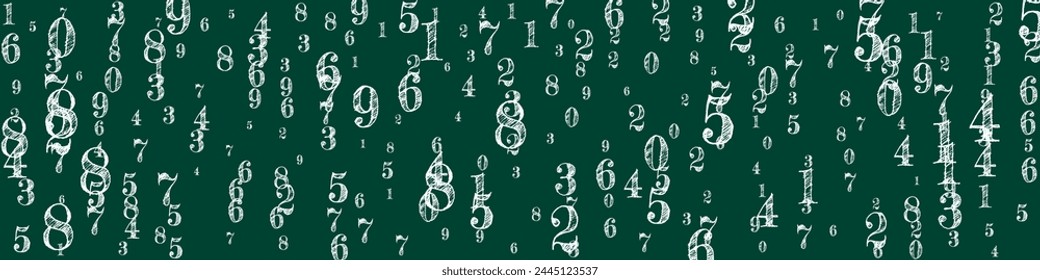 Scattered numbers. White chalk digits flying chaotic. Back to school mathematics banner on blackboard background. Falling numbers vector illustration.