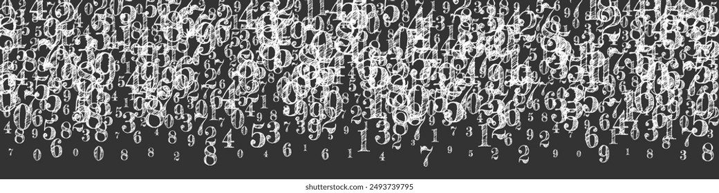 Verstreute Zahlen. Weiße Kreideziffern fliegen chaotisch. Zurück zum Mathematik-Banner der Schule auf Tafel Hintergrund. Sinkende Zahlen Vektorillustration.