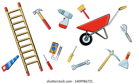 Scattered on the floor items of construction tools for home repair screwdrivers, wrenches, hammers, ladders, mops, shovels, brushes on a white background. Vector illustration