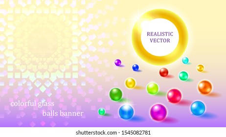 Scattered on the surface multicolored sparkling glass bubbles round banner on a purple gradient background. Colorful transparent ornament. 3d vector illustration.