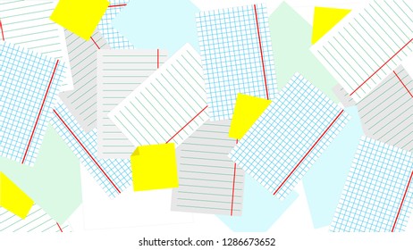Scattered on the table sheets of paper. Light background. Vector.