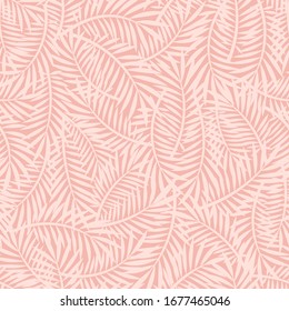 Scattered palm leaves seamless texture background. Simple summer vector pattern with pastel palm tree branches on a pink background. Light neutral backdrop and paper design.