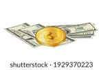 Scattered paper 100 us dollars banknotes and digital gold Bitcoin over cash money isolated on white. Pile of money and Bitcoin coin in realistic style. Vector EPS10.