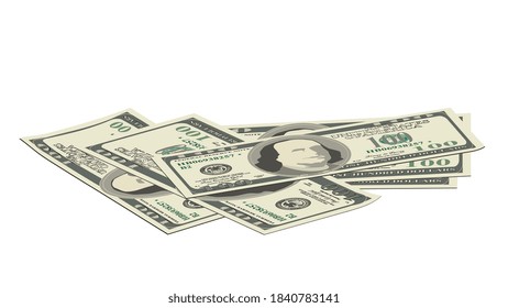 Scattered paper 100 us dollars banknotes isolated on white. Much money. A pile of money in a realistic style. Vector EPS10.
