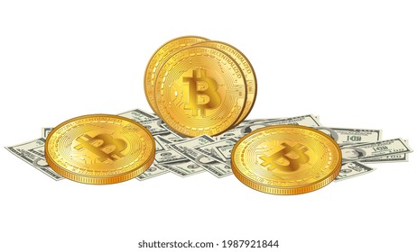 Geschlagenes Papier 100 US-Dollar Banknoten und goldene Bitcoin-Münzen über Bargeld einzeln auf Weiß. Geld und Bitcoin-Münze im realistischen Stil. Vektorgrafik.