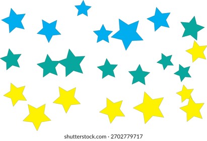 Um padrão disperso de estrelas amarelas e azuis brilhantes sobre um fundo branco, criando uma sensação festiva e comemorativa.