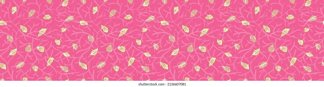 Scattered petal vector seamless border background. Floating etals on textured trailing stems blend hot pink banner. Hand drawn decorative floral botanical design. For edging, trim, web, header