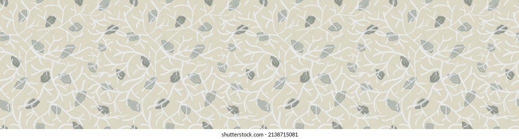 Scattered petal vector seamless border background. Floating ochre cream white petals on textured trailing stems blend blue banner. Hand drawn decorative floral botanical design. For edging, trim, web,