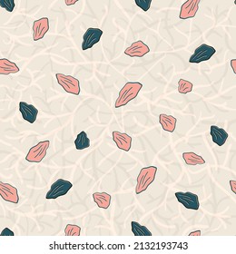 Scattered petal vector seamless pattern background. Floating teal pink petals on textured trailing stems backdrop. Hand drawn decorative floral design. Botanical repeat for spring. All over print.
