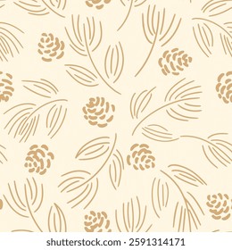 Scattered pine cones, dry flowers and branches in a color palette of light brown on a beige background. Christmas seamless vector pattern. Great for home decor, fabric, wallpaper, giftwrap, stationery