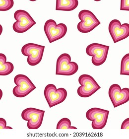 Gespeichertes rosa Herzmuster. Nahtlose Vektorgrafik auf weißem Hintergrund. Geeignet für Mode, Heimgestaltung und Standbau.