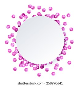 Scattered pink sequins glowing background with round place for text. Greeting card banner advertising design.