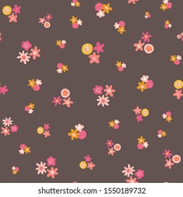 Scattered pink yellow ditsy flowers seamless vector background. Abstract floral pattern repeating texture. Scandinavian style flat flowers texture. Use for fabric, kids decor, digital paper