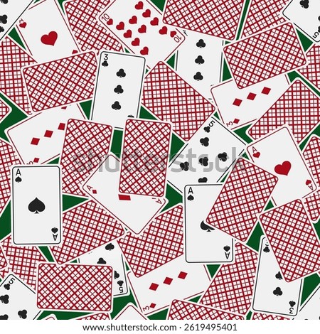 Scattered playing cards lying on green poker table seamless pattern. Casino game. Blackjack gaming. Repeated print. Aces front and back. Gamble risk and luck. Vector