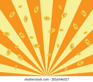 Scattered point coins and yellow and orange radial background illustrations extending from below.