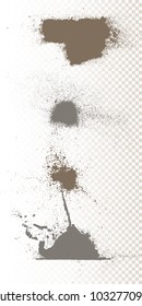 Scattered powder falls, stains, splashes, powder explosion. On an isolated background. Grunge blots trail and spray.
