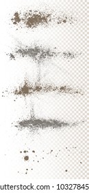 Scattered powder falls, stains, splashes, powder explosion. On an isolated background. Grunge blots trail and spray.