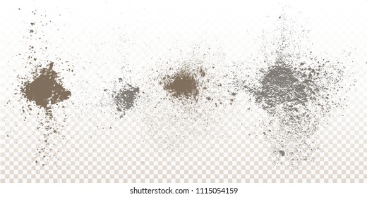 Scattered powder falls, stains, splashes, powder explosion. On an isolated background. Grunge blots trail and spray.