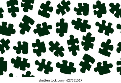Scattered puzzle isolated on white backdrop. Dark ink hand drawn object in art retro engraving style. Closeup detail view