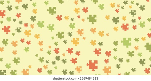 Scattered puzzle pieces in earthy colors on a beige background. Abstract representation of complexity problem-solving and creativity.