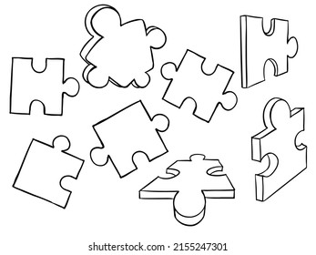 Scattered puzzles in a linear style on a white background. Conceptual puzzle. Vector illustration with scattered puzzle pieces.