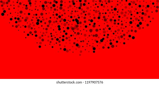 Scattered random black dots. Dark points dispersion on red background. Breathtaking grey spots dispersing overlay template. Interesting vector illustration.