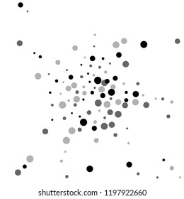 Scattered random black dots. Dark points dispersion on white background. Bizarre grey spots dispersing overlay template. Delicate vector illustration.