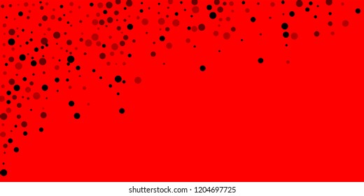 Scattered random black dots. Dark points dispersion on red background. Bold grey spots dispersing overlay template. Sublime vector illustration.