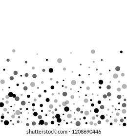 Scattered random black dots. Dark points dispersion on white background. Bizarre grey spots dispersing overlay template. Pleasing vector illustration.