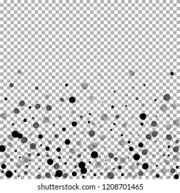 Scattered random black dots. Dark points dispersion on transparent background. Bizarre grey spots dispersing overlay template. Pleasant vector illustration.