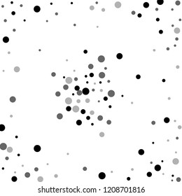 Scattered random black dots. Dark points dispersion on white background. Bizarre grey spots dispersing overlay template. Bewitching vector illustration.