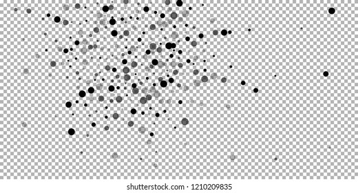 Scattered random black dots. Dark points dispersion on transparent background. Bold grey spots dispersing overlay template. Great vector illustration.