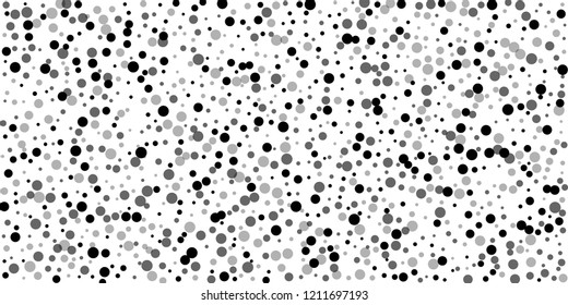 Scattered random black dots. Dark points dispersion on white background. Breathtaking grey spots dispersing overlay template. Immaculate vector illustration.