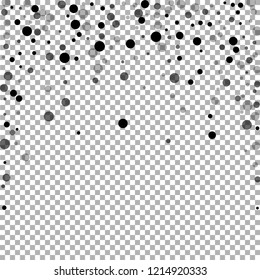 Scattered random black dots. Dark points dispersion on transparent background. Bizarre grey spots dispersing overlay template. Elegant vector illustration.