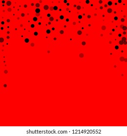 Scattered random black dots. Dark points dispersion on red background. Breathtaking grey spots dispersing overlay template. Surprising vector illustration.