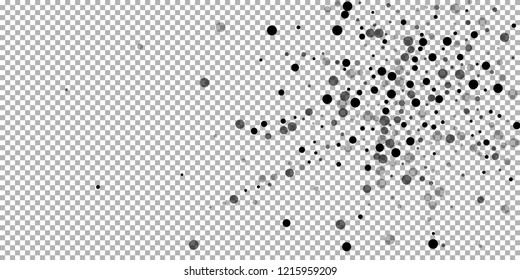 Scattered random black dots. Dark points dispersion on transparent background. Bold grey spots dispersing overlay template. Emotional vector illustration.