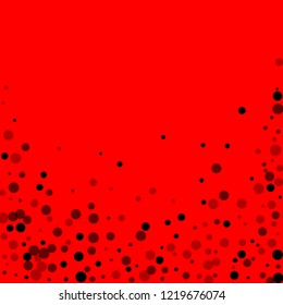 Scattered random black dots. Dark points dispersion on red background. Bizarre grey spots dispersing overlay template. Excellent vector illustration.