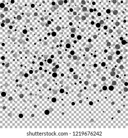 Scattered random black dots. Dark points dispersion on transparent background. Bizarre grey spots dispersing overlay template. Noteworthy vector illustration.