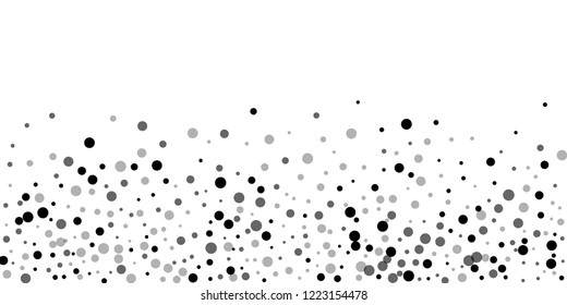 Scattered random black dots. Dark points dispersion on white background. Breathtaking grey spots dispersing overlay template. Fabulous vector illustration.